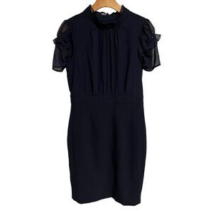 Vince Camuto Mini Dress Womens Size 8 Navy Blue Short Sleeve Mock Neck Ruffle